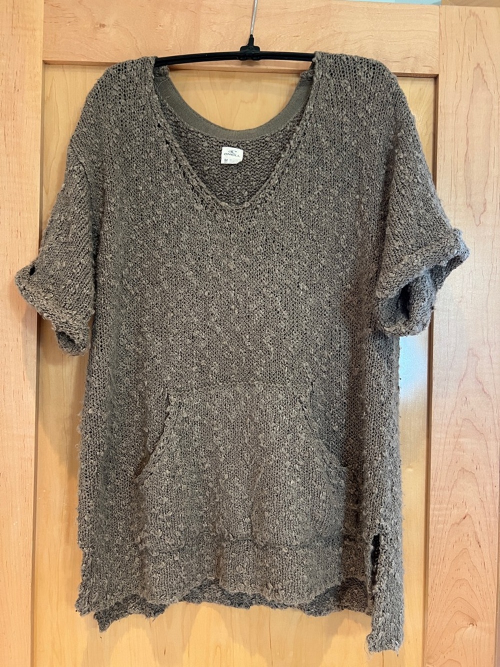 Cozy Textured Knit Short-Sleeve Pullover Sweater- Taupe